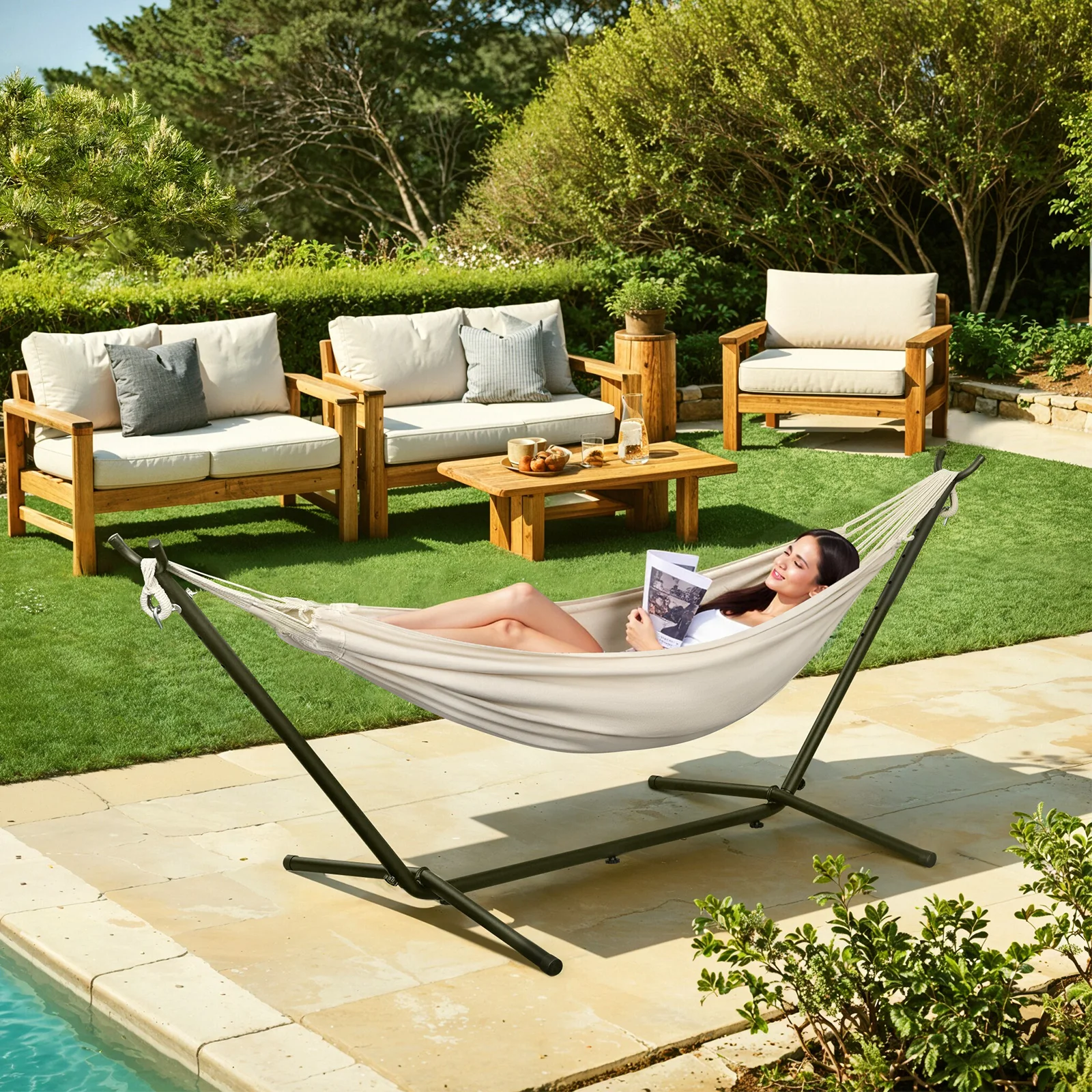 EUGAD Tragbare Doppel-Hängematte mit Robustem Gestell 250kg Tragkraft 2-Personen Outdoor Hängeschaukel für Camping Garten 280x106x100cm Image