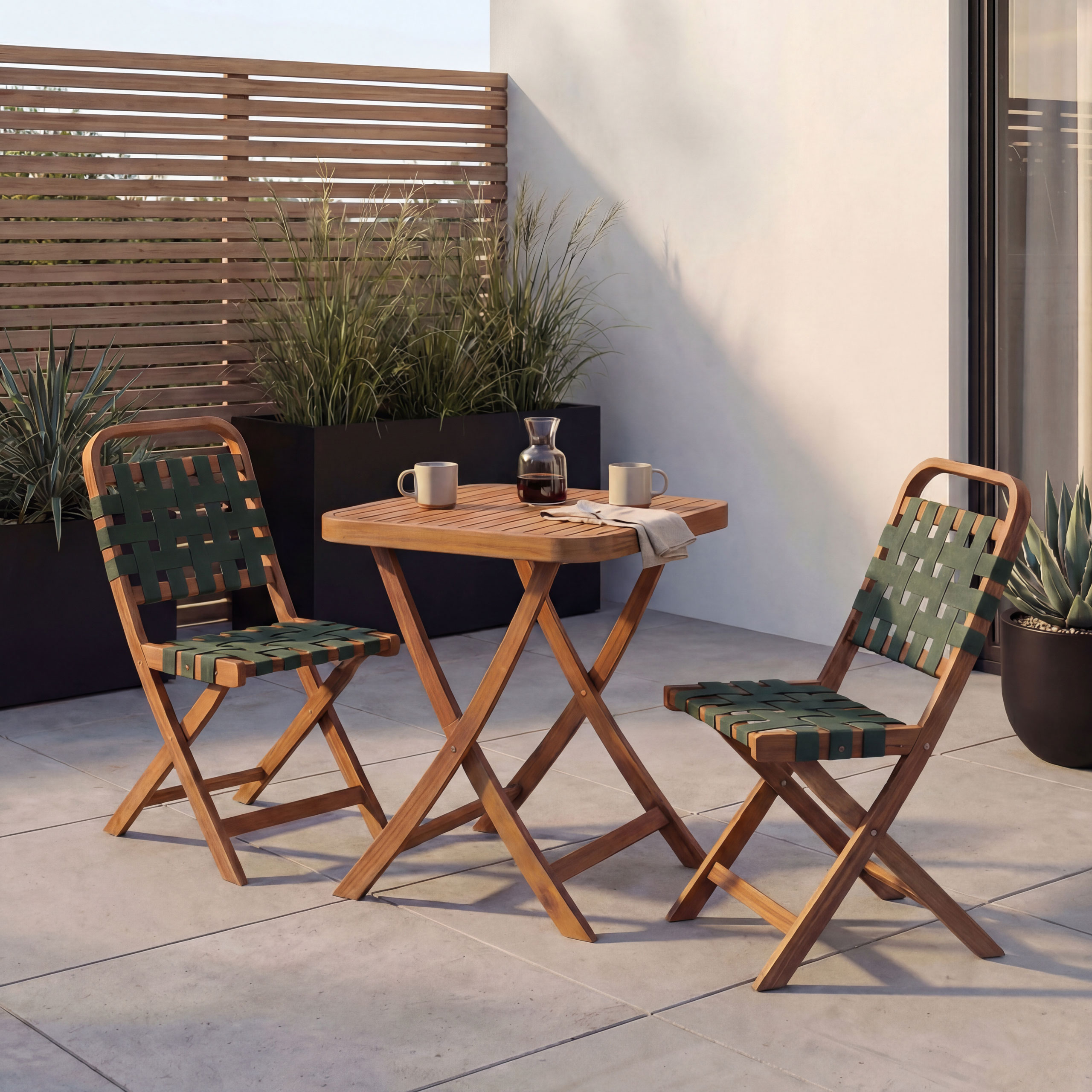 Garten-Set HWC-P70, Sitzgruppe Balkon-Set Garnitur 2x Stuhl Tisch, Seilgeflecht Akazie Holz klappbar ~ natur, grün