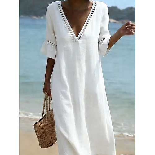Damen Midikleid Sommerkleid Elegant Urlaub Puffärmel Strand Lässiger Schnitt Einfarbig Halbarm Tiefer Ausschnitt Hellblau Weiß Champagner Hellgrün Sommer Frühling Image