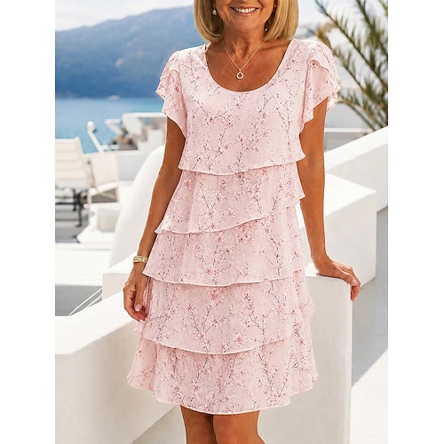 Damen Knielanges Kleid Chiffonkleid Blumenkleid Elegant Mode Modern Urlaub Party Wochenende Normale Passform Blumen Kurzarm Rundhalsausschnitt Gelb Rosa Sommer Frühling Image