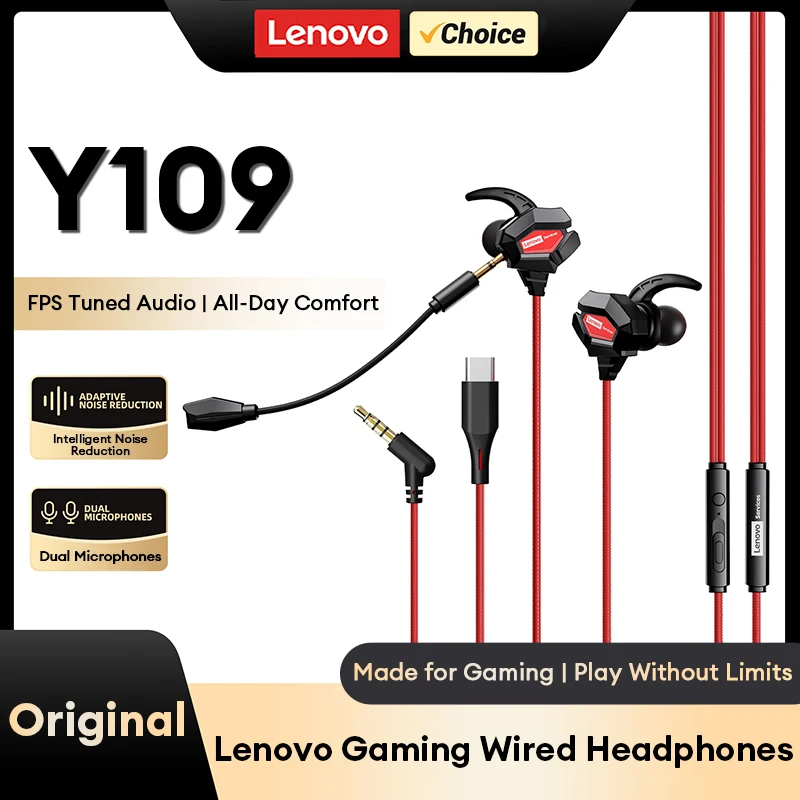 Lenovo New Y109 Gaming-Headset mit Mikrofon, 3,5-mm-Typ-C-Kopfhörer mit Kabel, HiFi-Ohrhörer mit Geräuschisolierung für Telefon, PC, Switch, PS4