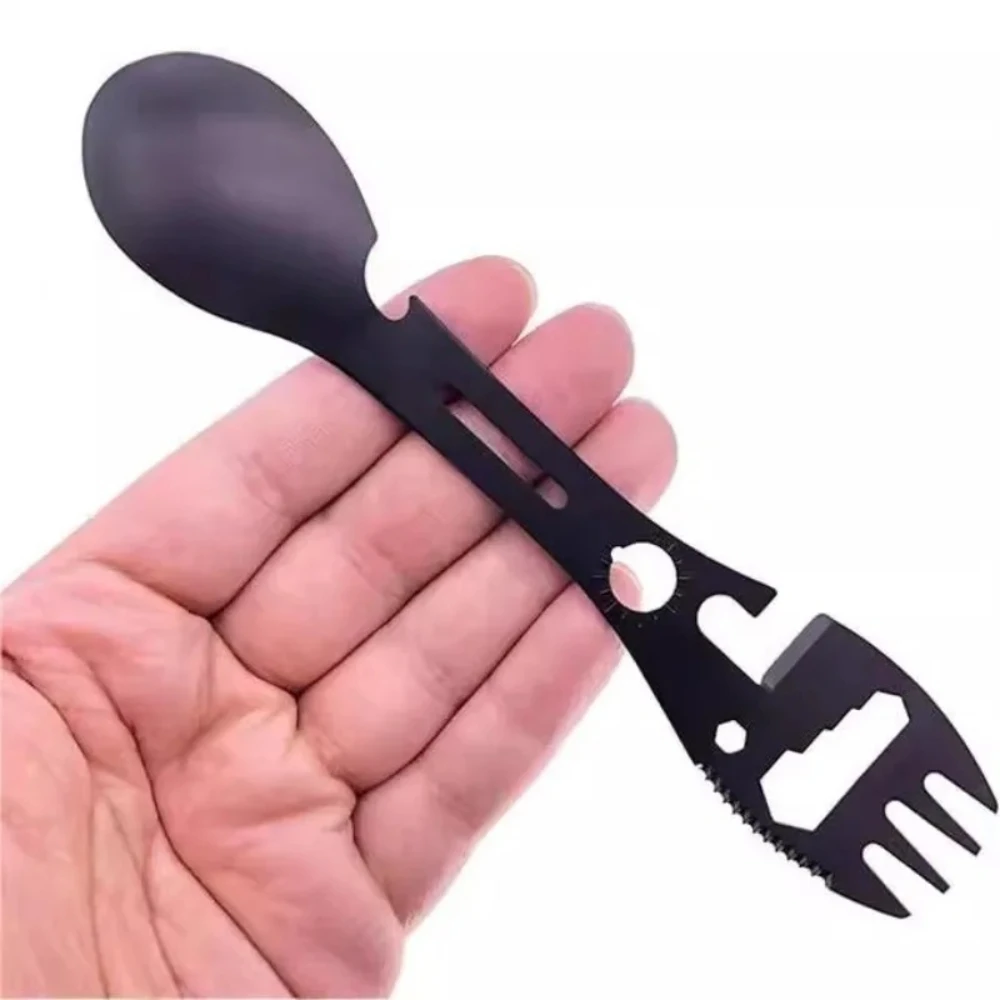 10-in-1 EDC Multifunktionaler Löffel Löffel Schlüsselanhänger Küchenmesser Gabel Schraubenschlüssel Flaschenöffner Pfeife Outdoor Camping Zubehör Image