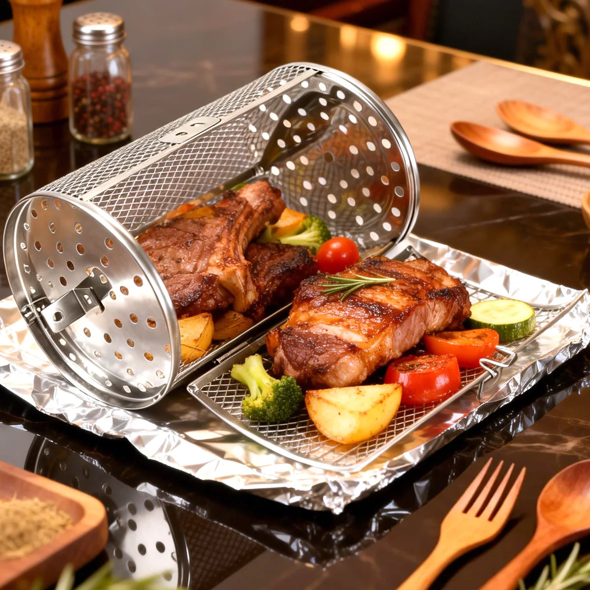 360-Grad drehbarer Grillkorb aus Edelstahl mit beweglicher Tür – Heizbarer Rotisserie-Korb Image