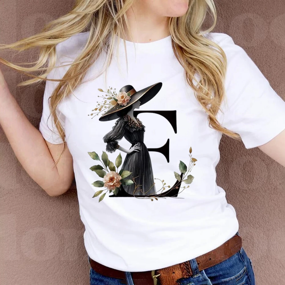 A B C D E Englisches Alphabet Druck T-Shirt Damen Neuer Sommer Paar-Liebhaber Damen T-Shirt Harajuku Lässige Schwarze Oberteile T-Shirts