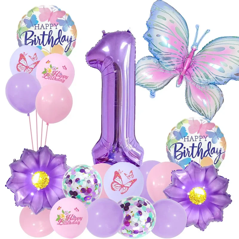 23-teiliges lila bunte Schmetterlings-Blumen-Aluminiumfolien-Ballon-Set für Mädchen-Geburtstagsfeier, Fotografie, Hintergrunddekoration Image