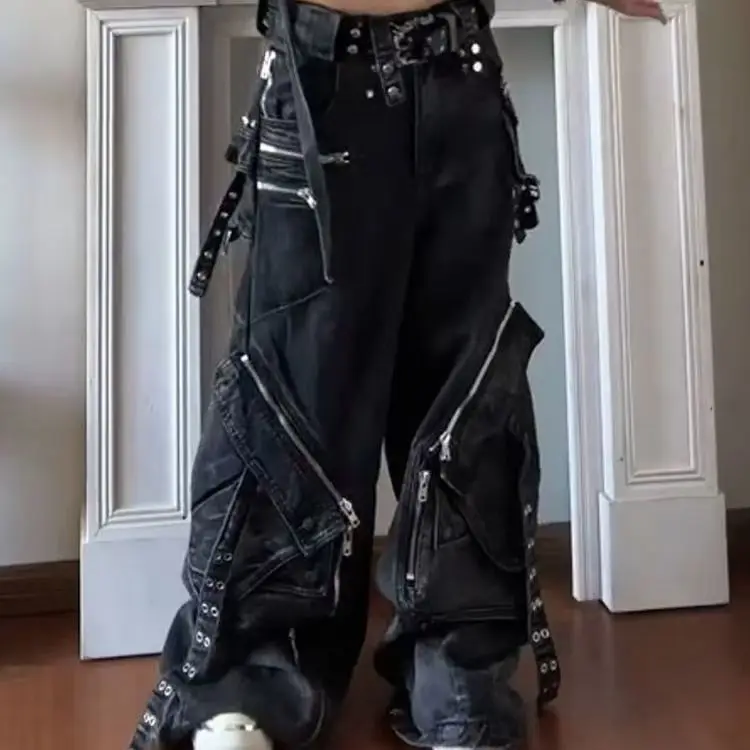 Schwarze Gothic-Punk-Jeans mit mehreren Taschen und Reißverschluss für Männer und Frauen, Y2K, amerikanische Baggy-Mode, Vintage, lässige, lockere Jeans mit weitem Bein