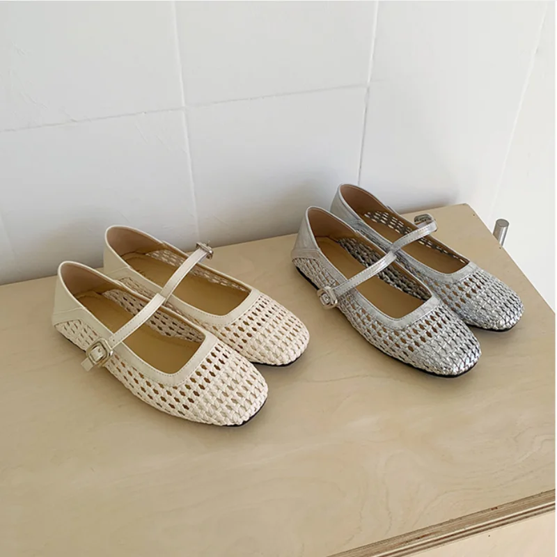 DIMANYU Damen Mary Jane Schuhe 2026 Neue Sommer Gewebte Hohle Damen Flache Schuhe Große Größen Ballerinas für Damen