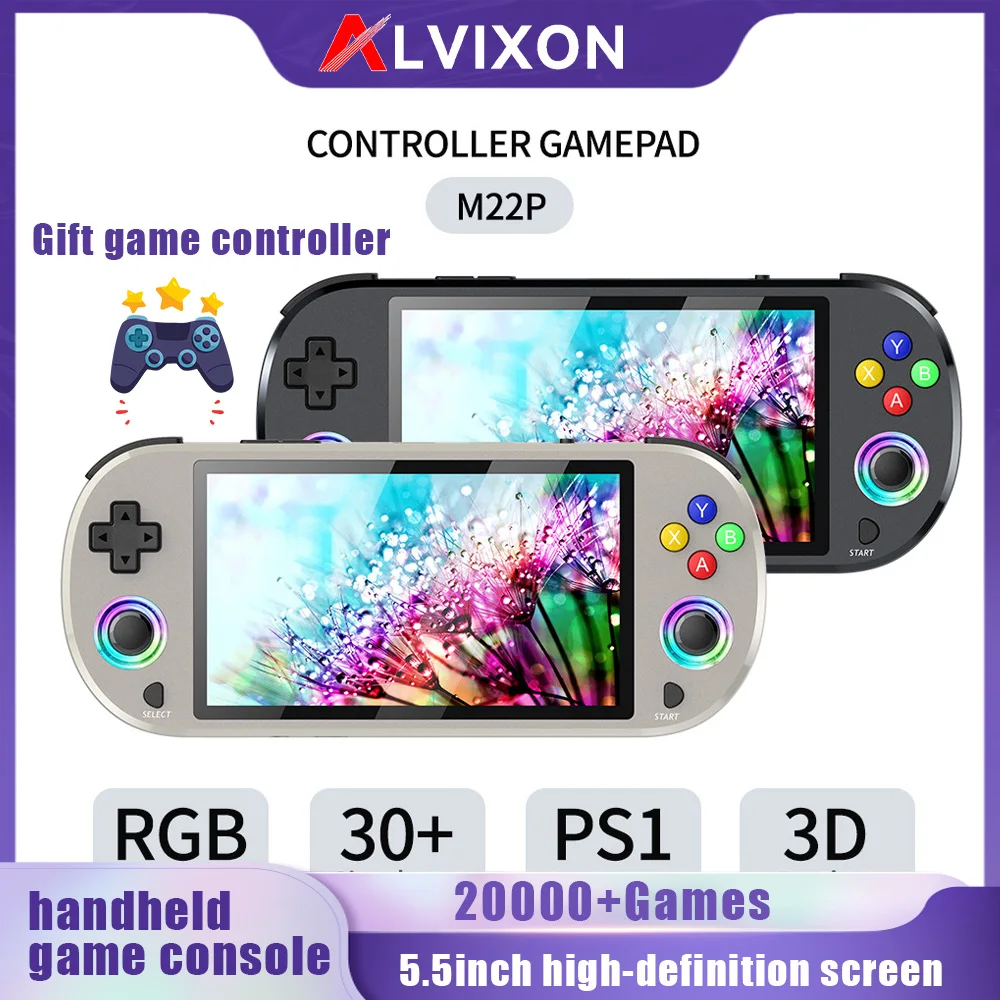 Console de jeu portable compatible M22 avec 20 000 jeux, console de jeu rétro nostalgique PS1 haute définition, console de jeu pratique pour deux joueurs