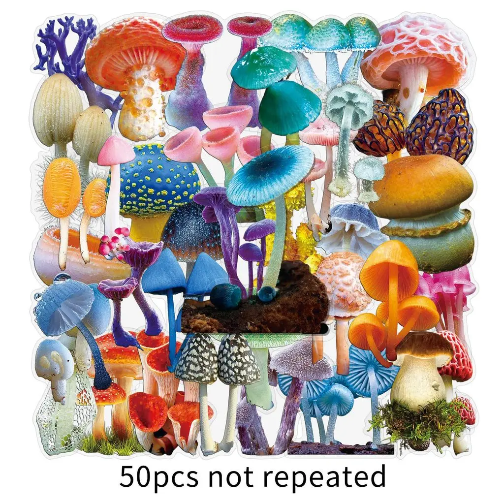 50 Stück Realistische Pilz PET Transparente Aufkleber Wasserfeste Pilz-Kunst-Sticker für Gepäck Kühlschrank Deko Papierähnliche Pop-Aufkleber Image