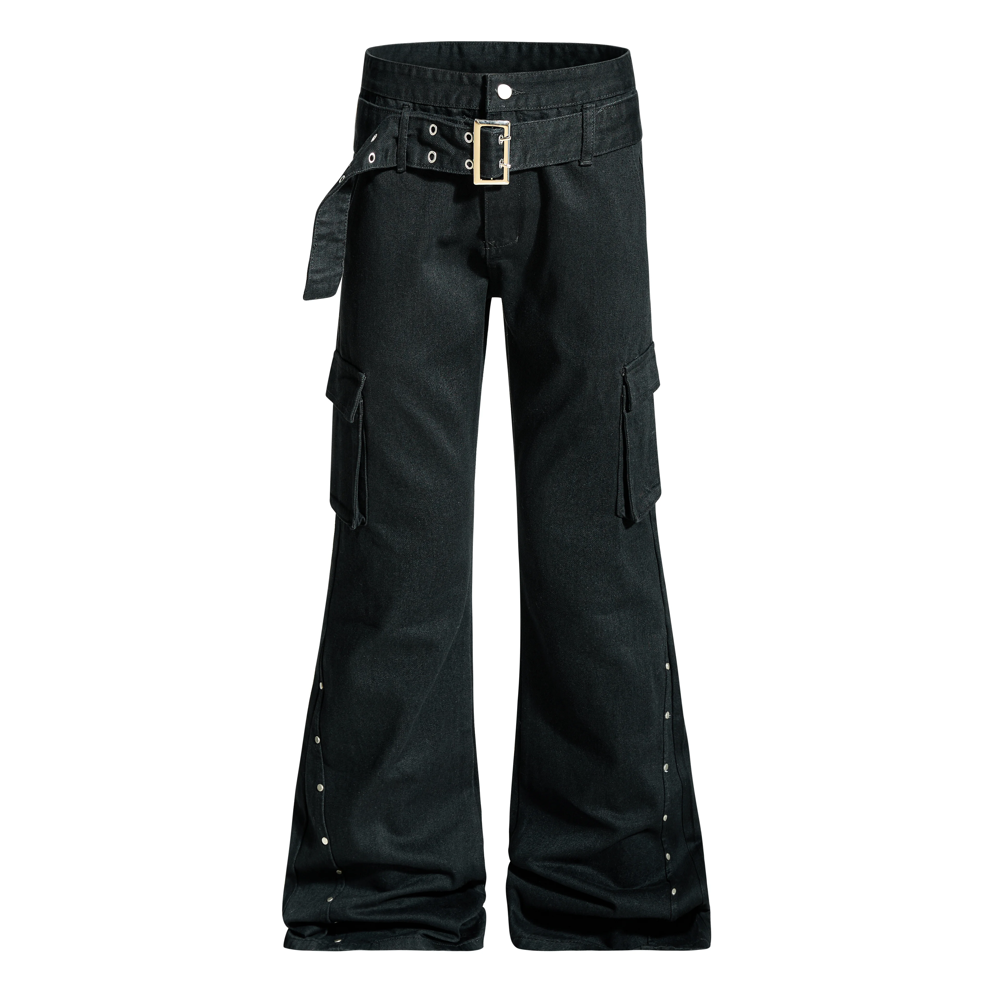 Herren Punk Hip Hop Lace Up Jeans Ausgestellte Motorrad Streetwear Y2k Big Belt Schwarz Cargo Bootcut Jeans Relaxed Fit Flare Hosen
