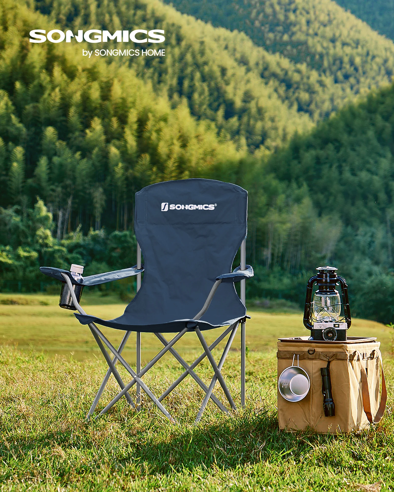 SONGMICS Campingstuhl 2er Set, Klappstuhl Outdoor, Angelstuhl, hohe Rückenlehne, Armlehnen, Getränkehalter, klappbar, bis 150 kg belastbar, Camping Garten Terrasse