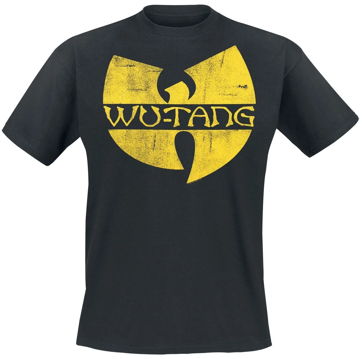 Schwarz-gelbes bedrucktes T-Shirt Wu-Tang Clan Retro Distressed Logo Lässiges Hip-Hop-Baumwoll-T-Shirt
