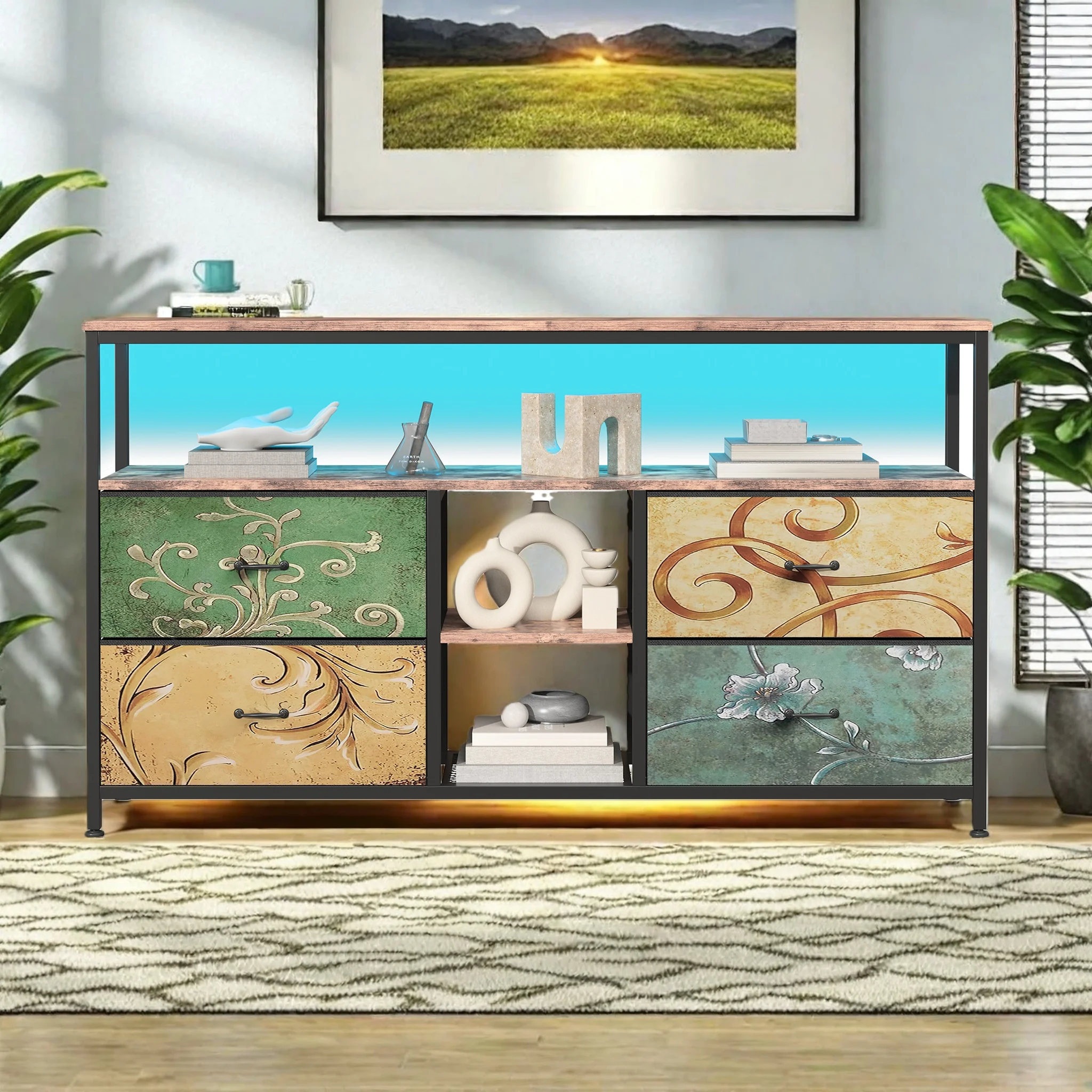 Meuble TV Comanlai 108x29.8x76.8cm, Meuble TV avec bande lumineuse LED RGB, Cadre en métal, 4 tiroirs en tissu, Table console multimédia, Meuble de rangement pour salon, Meuble de divertissement