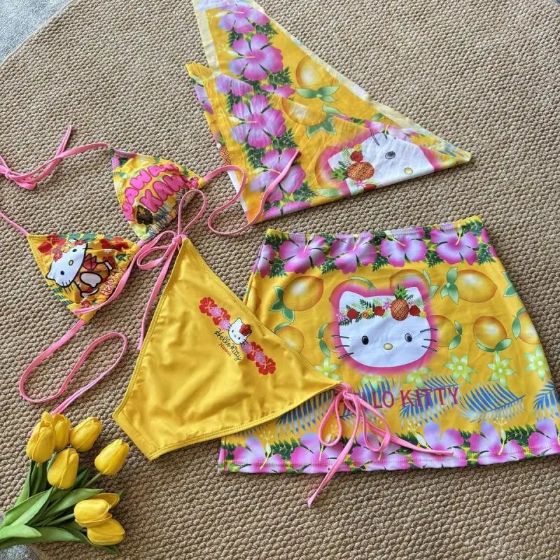 Kawaii Japanischer Hello Kitty Mädchen-Bikini mit geteilten Trägern, Sommer-Badeanzug für Damen, Strandmode, Resort-Badeanzug, Cartoon Kitty, sexy Strandkleidung