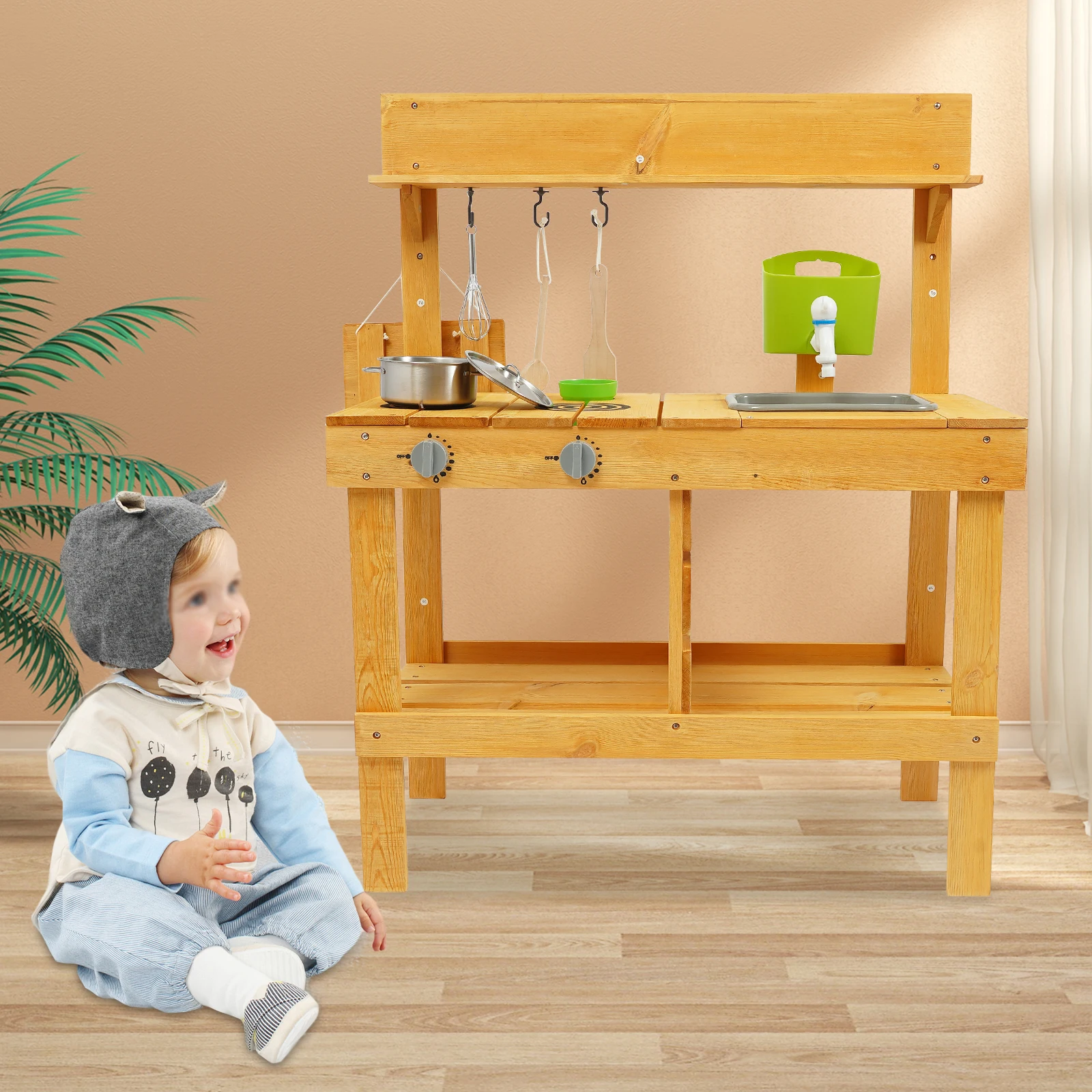 Ensemble de cuisine de jeu de jouets d'extérieur pour enfants de cuisine de boue, ensemble de jeu de cuisine de boue avec 3 crochets et tableau, ensemble de jouets de cuisine de boue pour enfants