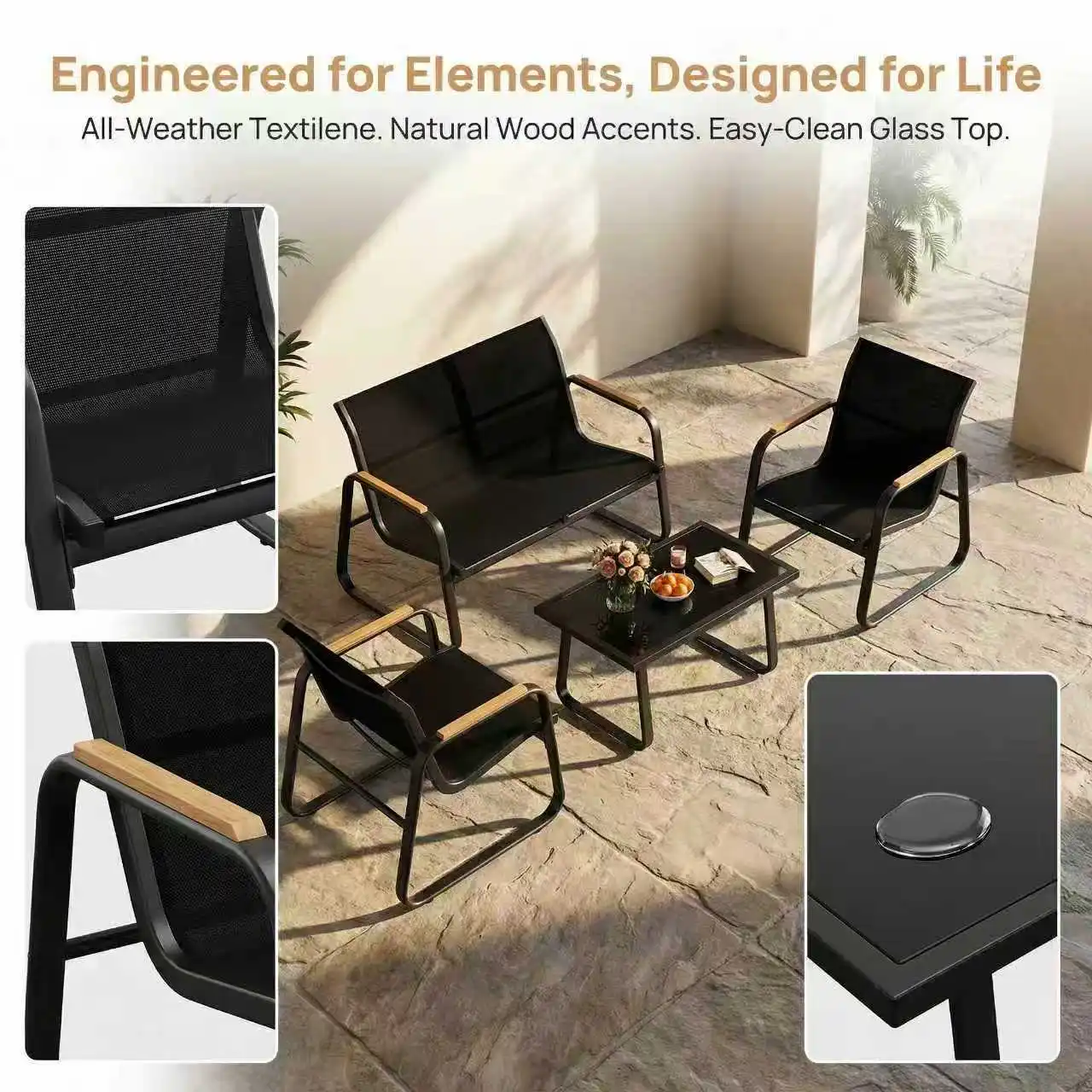 Balkon-Gartenmöbel-Set, 4-teilig, atmungsaktives Textilene, Gartenmöbel, Doppelsofa, 2 Stühle, Couchtisch für Garten, Balkon