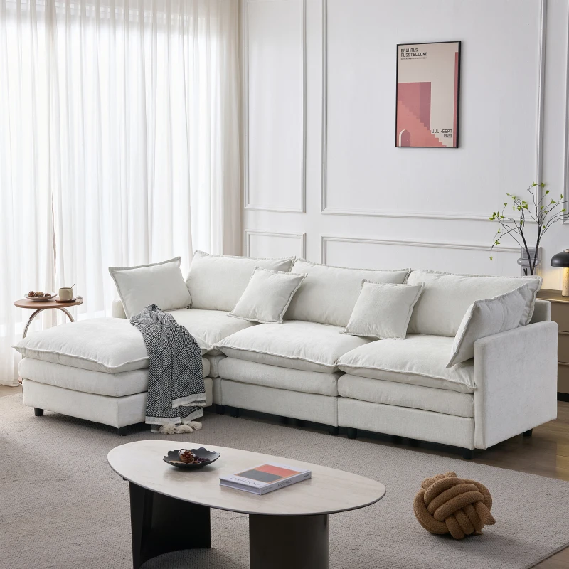 Modulares Ecksofa aus Premium-Chenille – 3-Sitzer mit Chaiselongue & Hocker, bequemes L-Sofa für kleine Wohnungen, Wohnzimmer & Lounge, atmungsaktiver Familien-Sitzkomfort