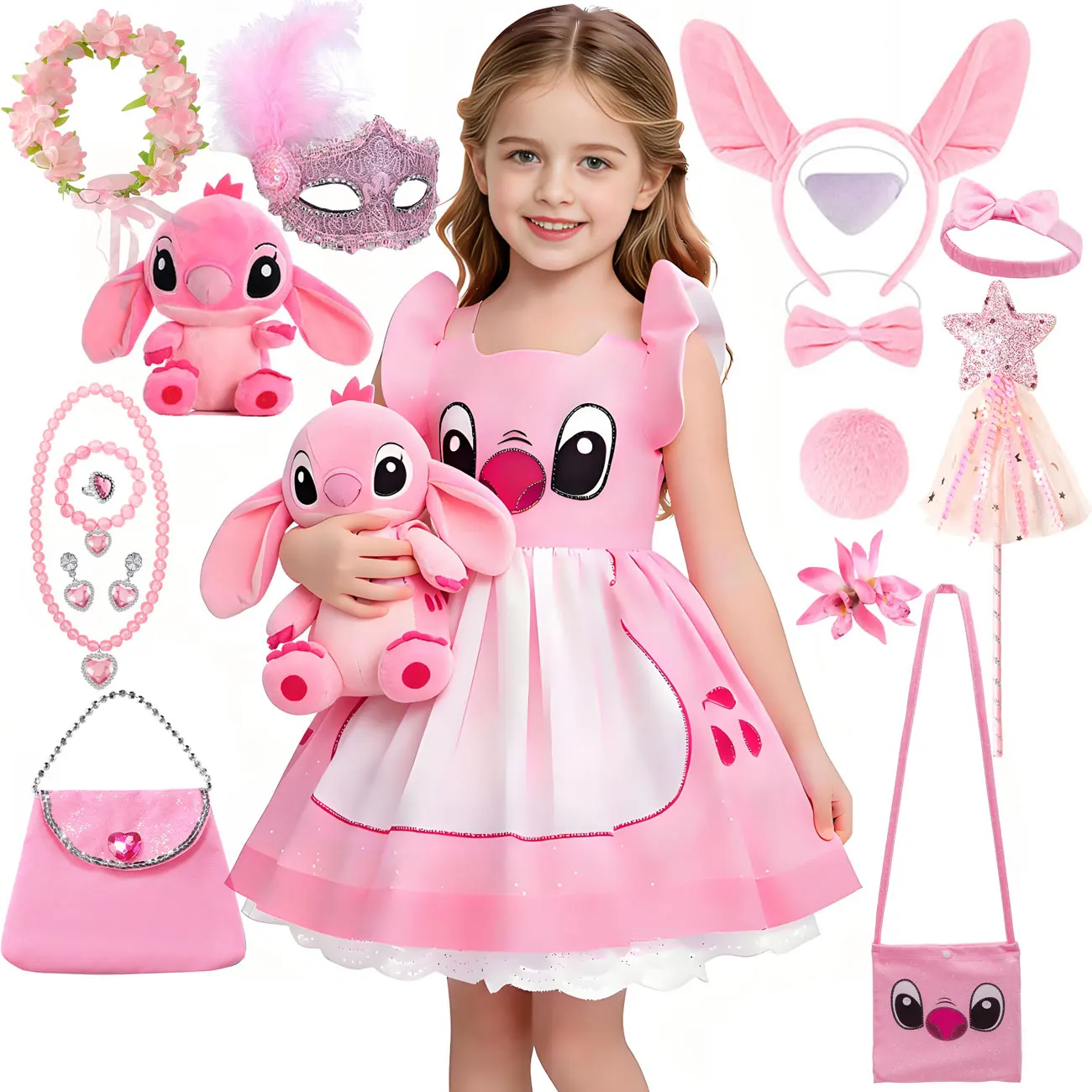 Disney Lilo & Stitch Rosa Prinzessinnenkleid für Mädchen, bauschiges Tutu-Ballkleid, Geburtstag, Halloween, Karneval, Cosplay, elegantes Party-Engelkleid