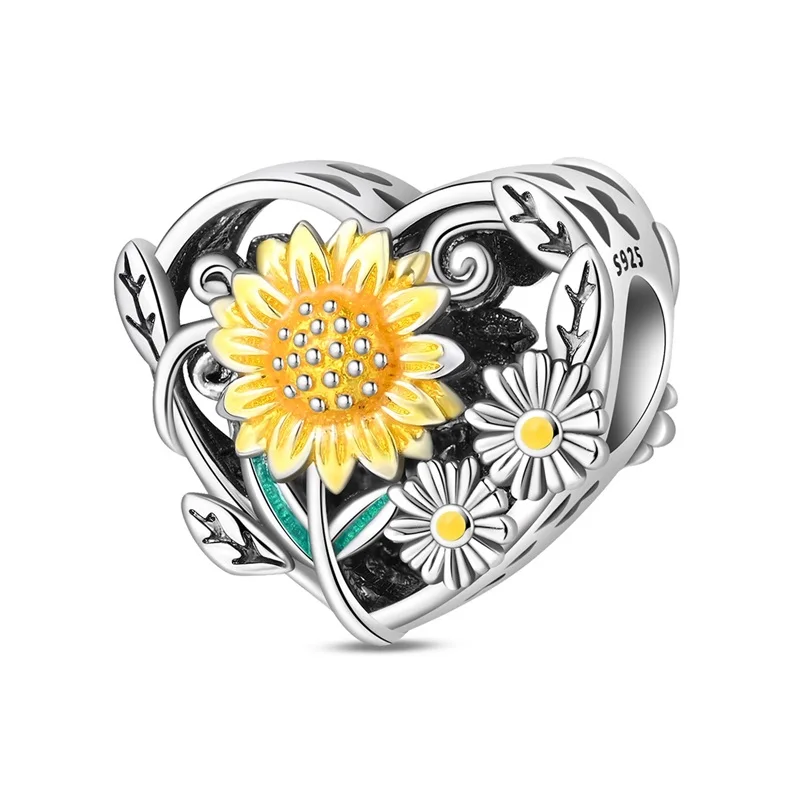 Neue 925 Sterling Silber Sonnenblumen-Herzanhänger Passend für 3mm Original-Armband DIY Damen Geburtstag Jubiläum Schmuck Image