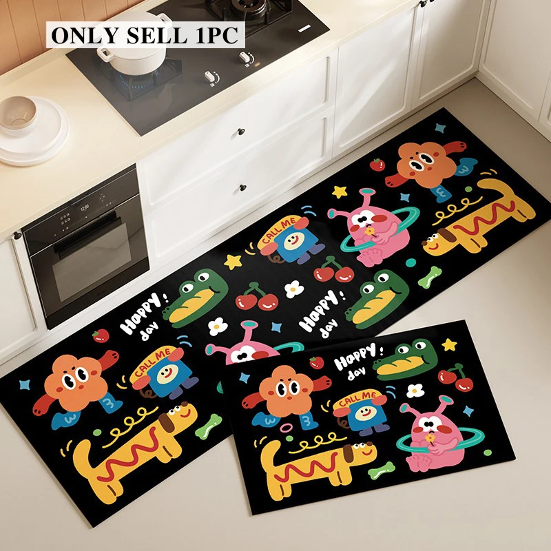 Kitchen Floor Mat Pvc Leather Non-slip Carpet Long Waterproof Oil-proof Carpets Cartoon Trendy Pattern Rugs Home Decoration Rugs