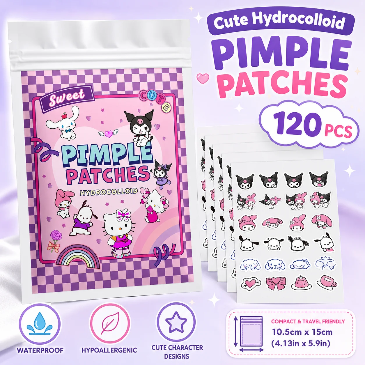 Hello Kitty Niedliche Pickelpatches, 120 Stück Hydrokolloid-Akne-Pflaster, 25 Lustige Designs, Sanft, Wasserdicht, Hautfreundlich