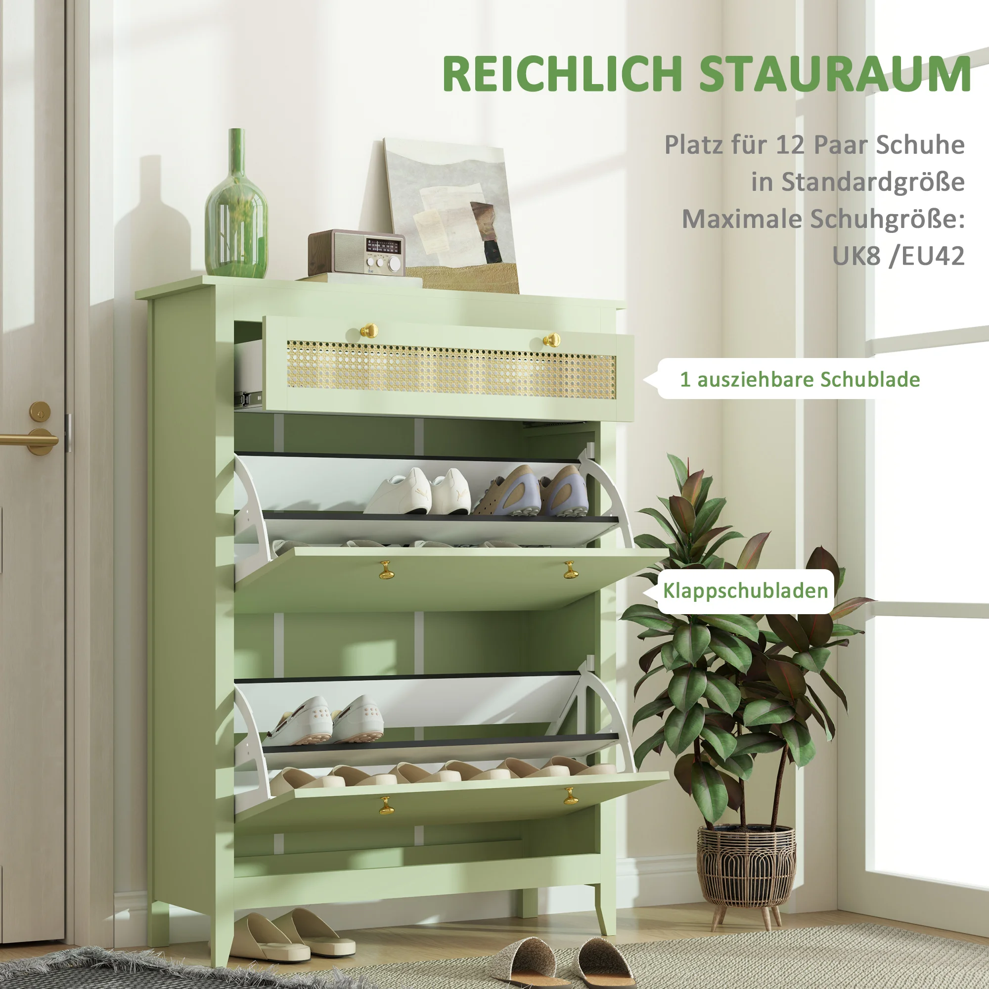 Schuhschrank mit zwei Türen, Schuhregal, Schuhschrank für 12 Paar Schuhe, Flur-Schuhschrank, 88 x 30 x 120 cm, grün