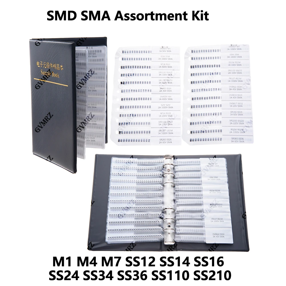 24 Werte SS36 SS110 SS210 Gleichrichterdioden-Musterbuch SMD SMA Sortiment-Kit 33 Werte Schottky-Dioden M1 M4 M7 SS12 SS14 SS16 Image