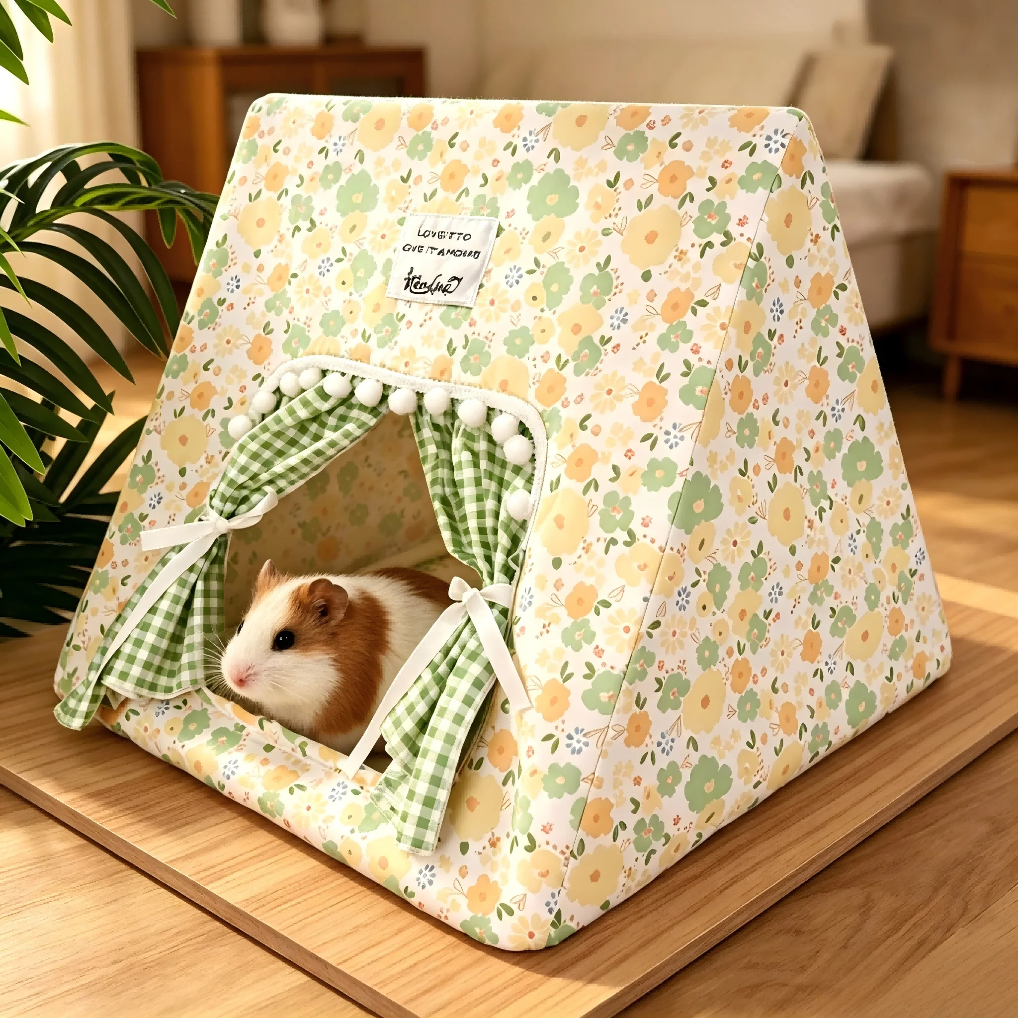 Kleines Haustier-Zelt mit Blumenmuster, niedlichen Vorhängen und weichem, bequemem bodenlosem Käfig für Kaninchen, Meerschweinchen, Hamster Image