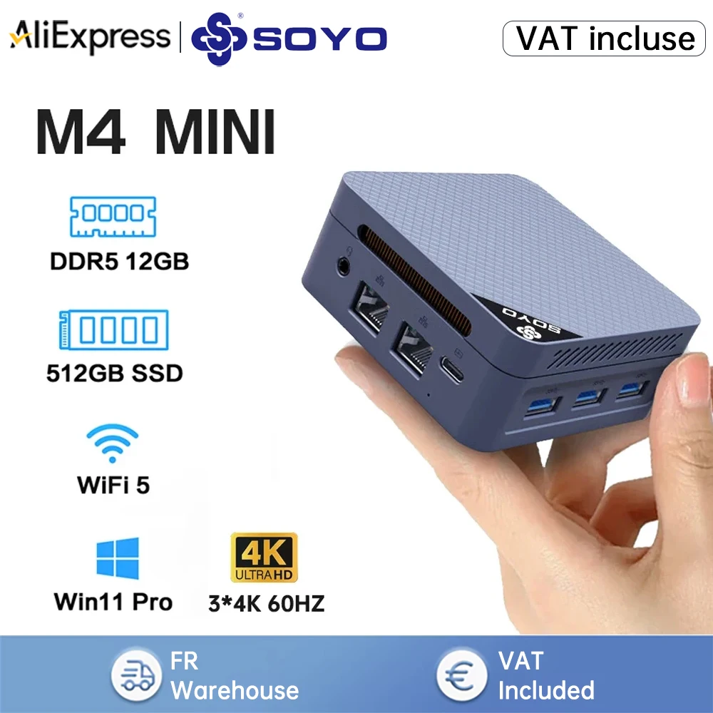 SOYO M4 MINI Mini-PC Intel Twin Lake N150 Prozessor (bis zu 3,6 GHz) LPDDR5 12 GB RAM 512 GB ROM Windows 11 Pro WiFi 5 BT5.2 Mini-Computer für Home Office und leichtes Gaming Image