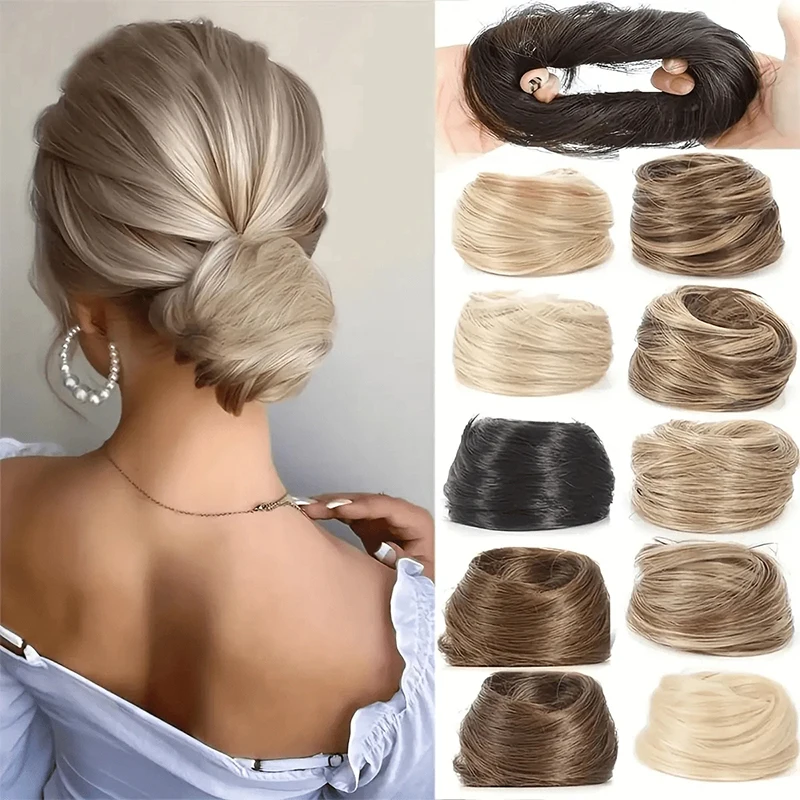 Unordentlicher Dutt, Haarteil, Haargummi, Haarknoten, Donut, eleganter Chignon mit elastischem Gummiband, synthetische, zerzauste Hochsteckfrisur für Damenverlängerung Image