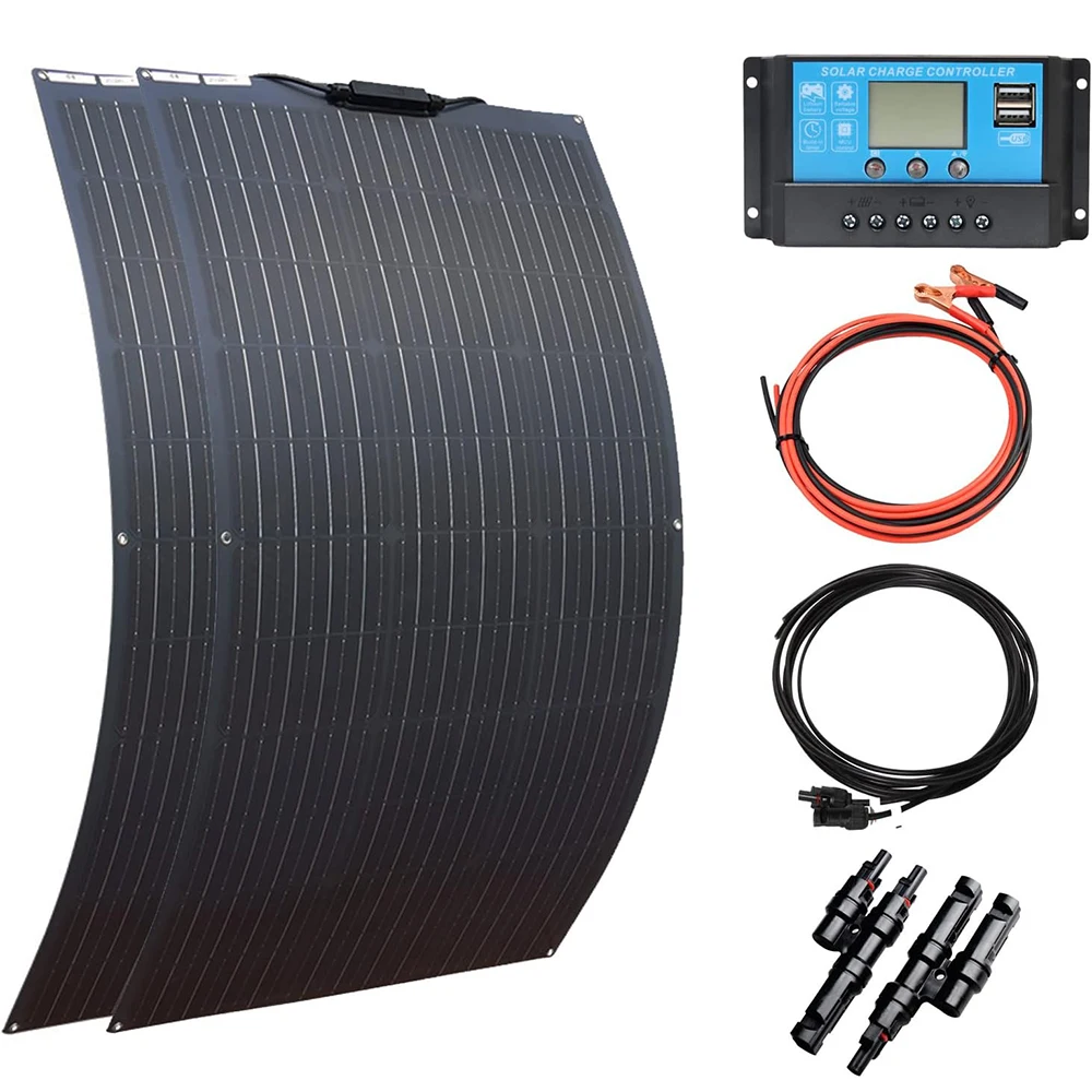 200W Set mit flexiblem Solarpanel: 2 x 100W-monokristallines flexibles Solarmodul + 20A 12V/24V-Solarladeregler + Solarkabel – komplettes Solarsystem-Set für Wohnwagen, geeignet für 12V Batterien, Image