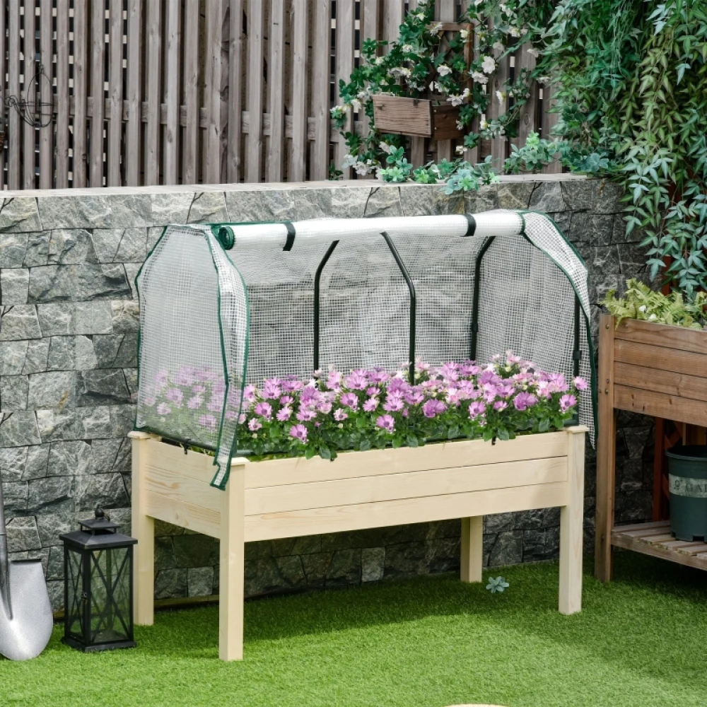 Hochbeet aus Naturholz mit aufrollbarer Aluminiumfolienabdeckung, Stoffauskleidung, Abflusslöchern, einfach zu montieren und zu versetzen. Image