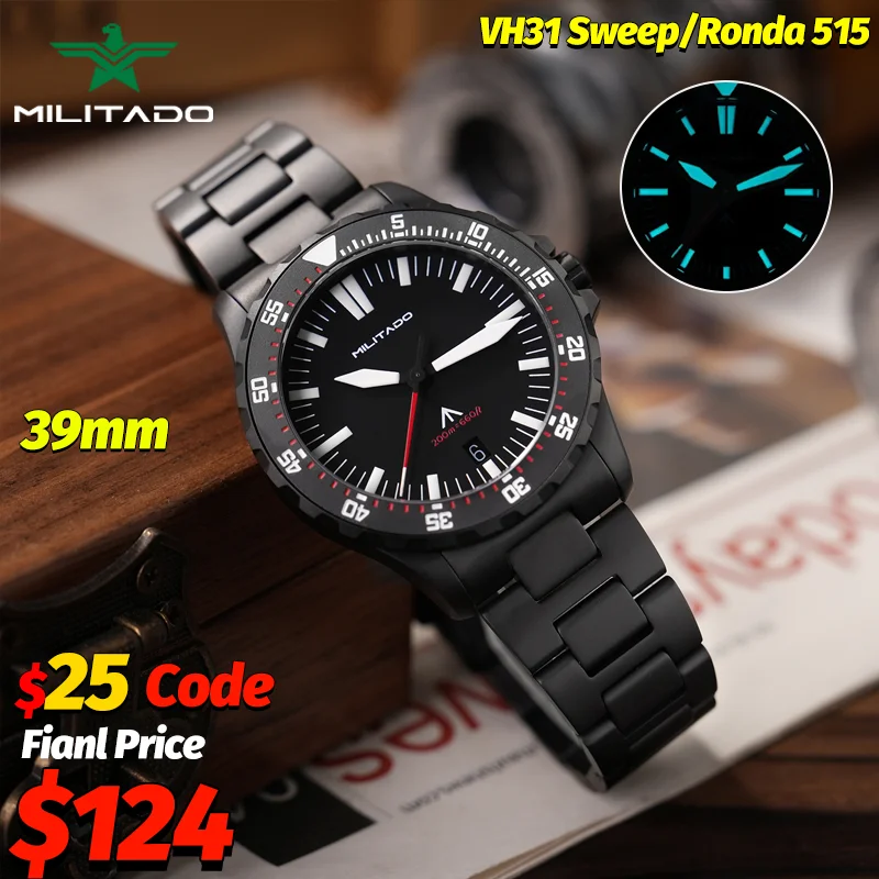 Militado Ml16 PVD Schwarz Quarzuhr VH31 oder Ronda 515 Vintage Herrenuhren Saphir 20Bar Wasserdicht Leuchtende 39mm Armbanduhr Image