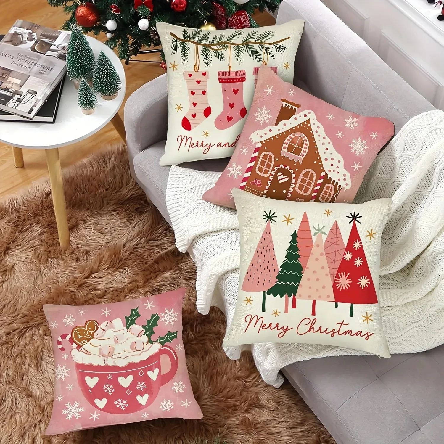 Bezaubernder rosa Weihnachtskissenbezug: Lebkuchenhaus, Bäume, Socken und bequemes Tassendesign, Sofakimmer-Kissenbezug, Heimtextilien