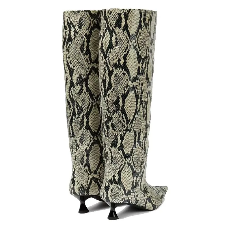 Marke Schlangen muster Low Heel Damen Knie lange Stiefel Mode Bühnenshow schwarz sexy Herbst und Winter Damenschuhe Größe 34-43