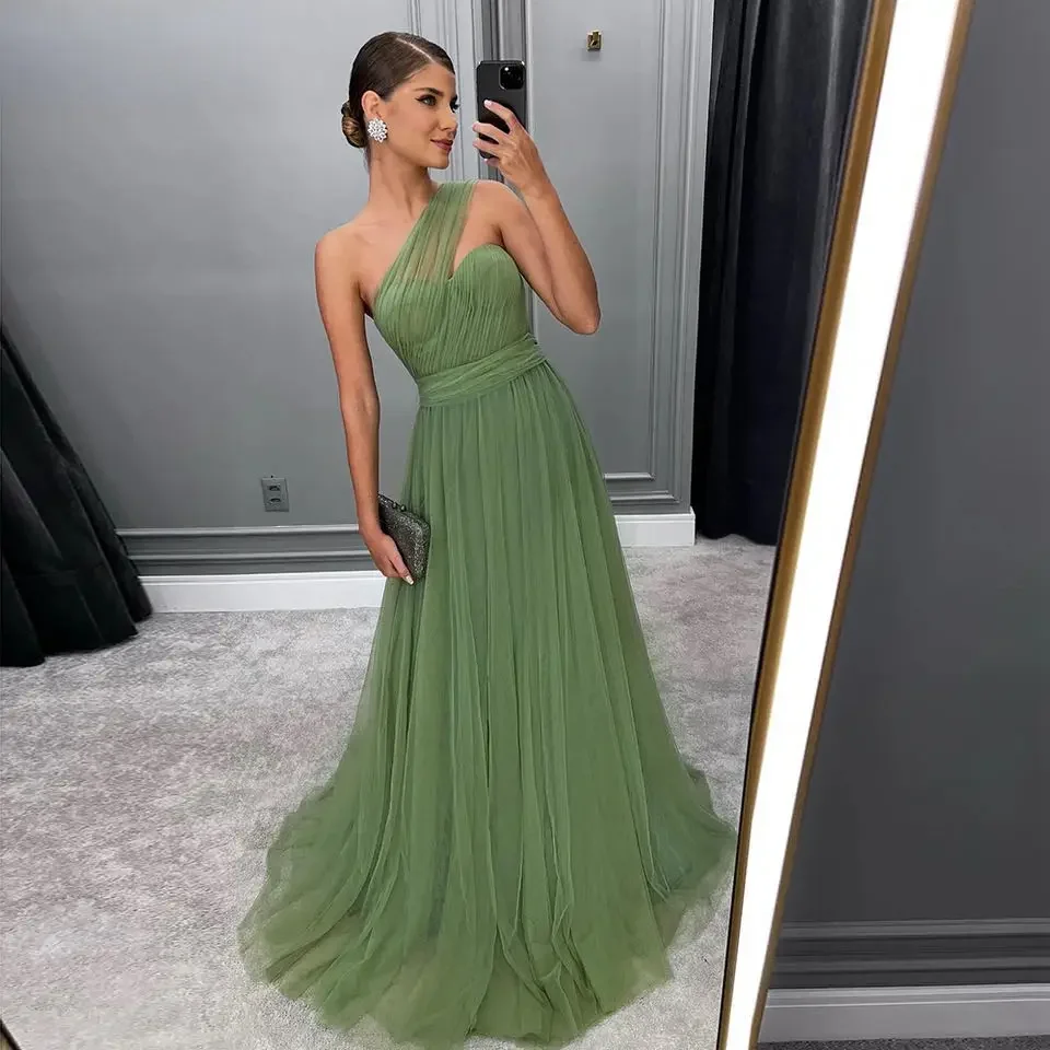 Customized One Shoulder Prom Gown Sage Green Wedding Evening Dress Beach Evening Dress Woman Formal Dresses Vestidos De Noche