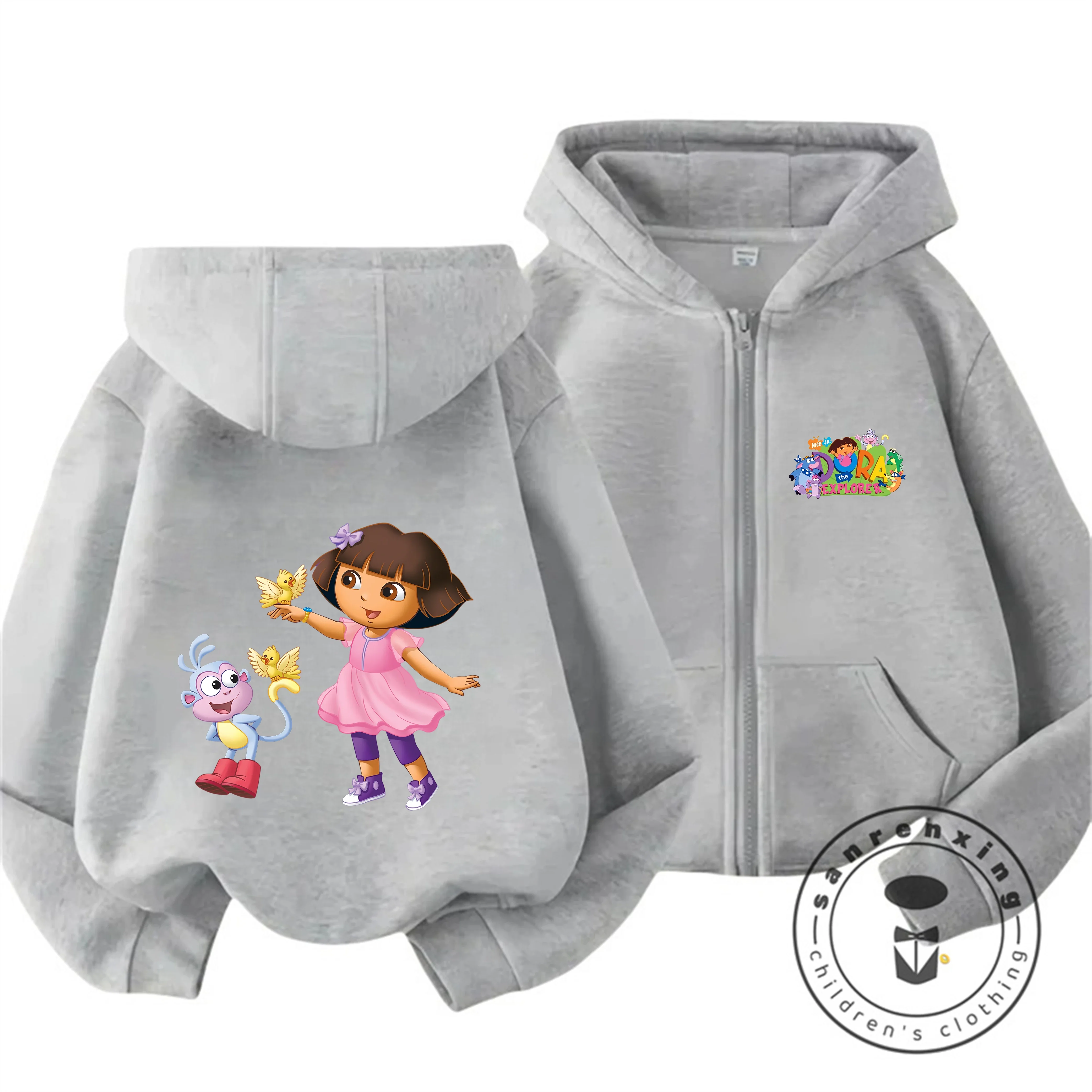 Kindermode Dora The Explorer Kapuzenpullover mit Reißverschluss, neuer Herbst-Winter, niedlicher Cartoon-Kapuzenpullover 3 14 Image