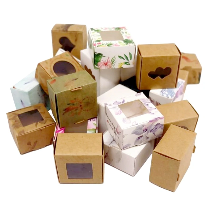 10 Stück 4 x 4 x 2,5 cm große weiße/Kraftpapier-/marmorierte Fensterpapierboxen zum Selbermachen, Schmuckset-Displaybox