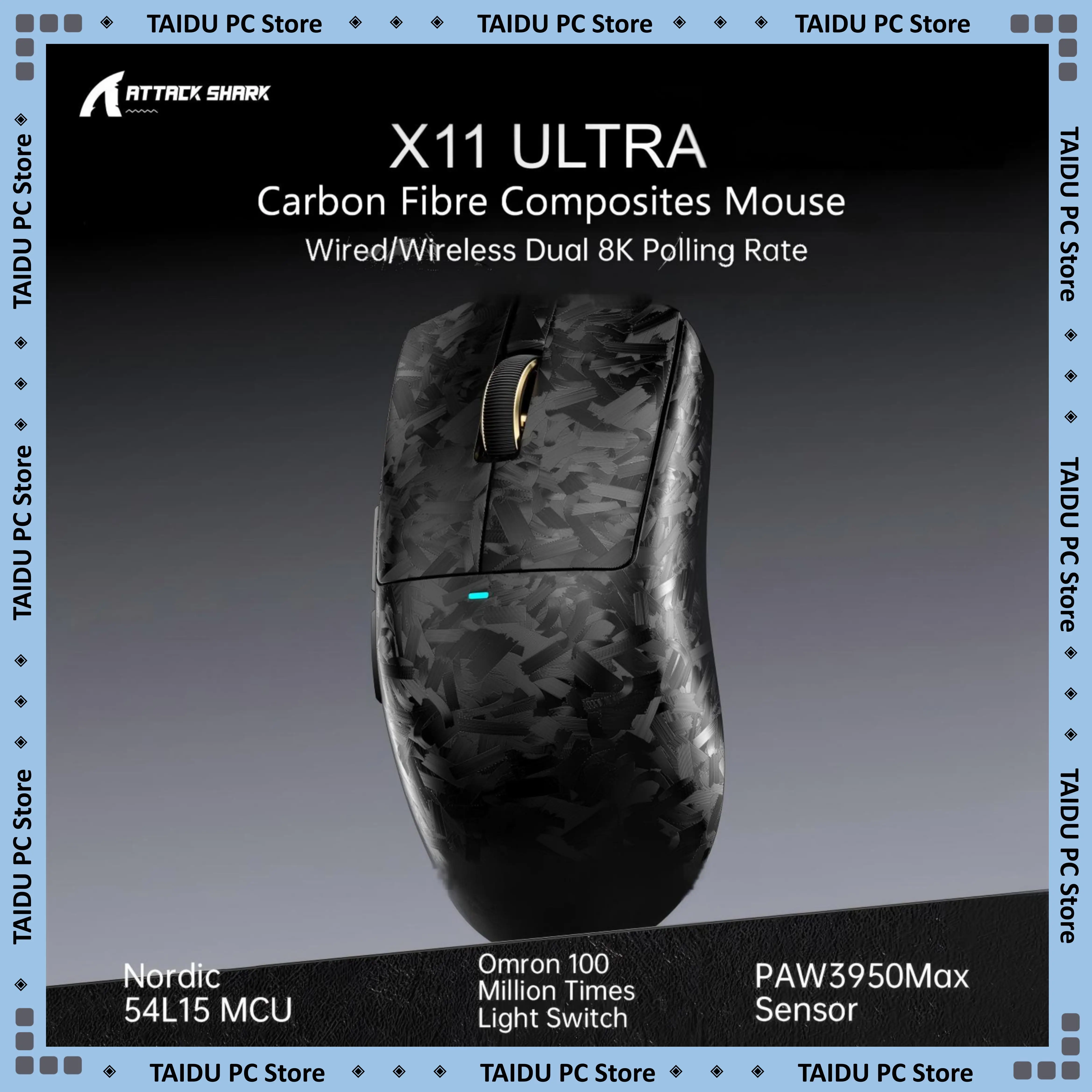 ATTACK SHARK X11 Ultra Kohlefaser-Composite-Maus PAW395OMax Kabelgebunden 8KHz Kabellos 8KHz Gleam 100 Millionen Klicks Nordic 54L15 Image