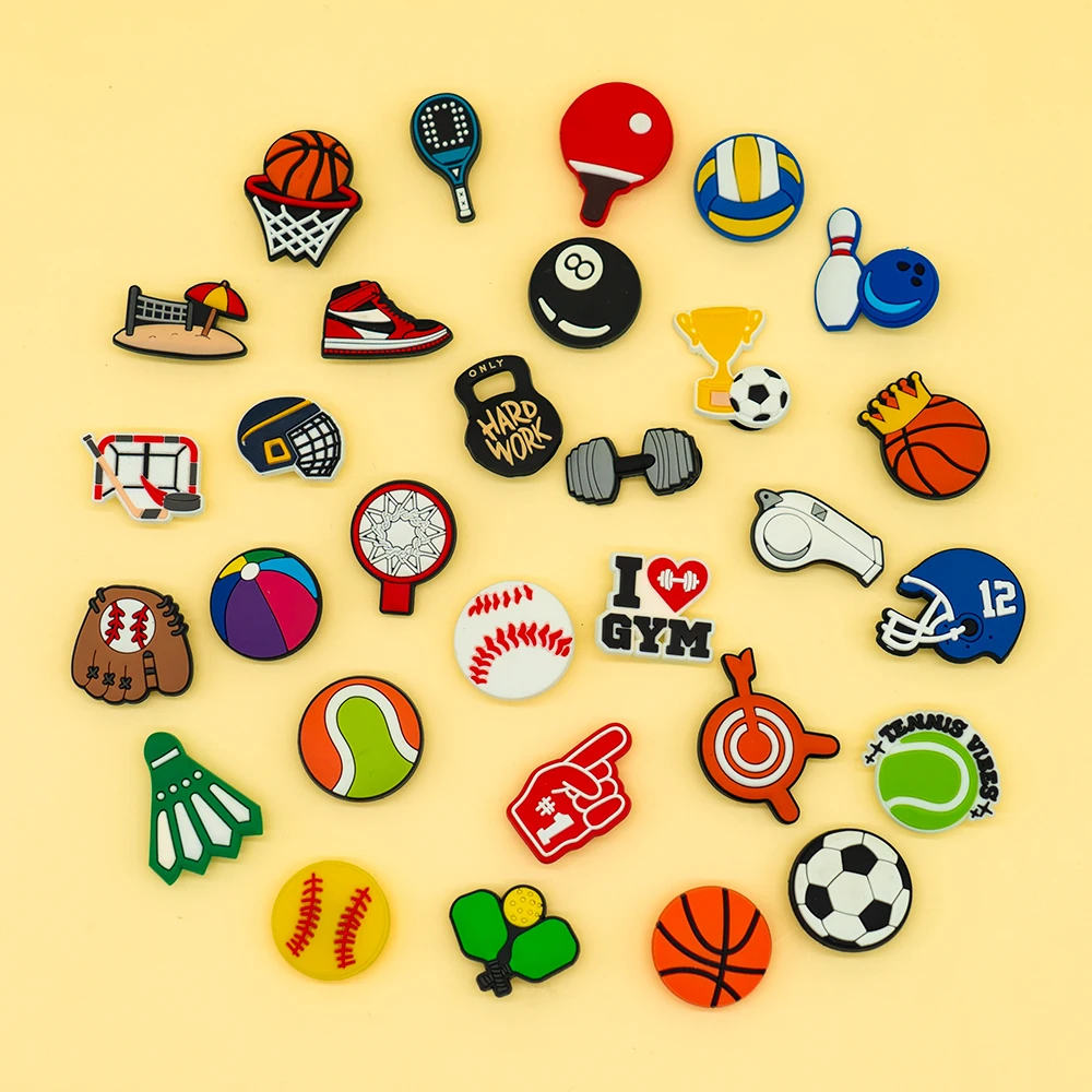 1/30 stücke Sport Schuh Charms Basketball Fußball Tennis Schuh Dekorationen Baseball Rugby Snooker Pins für Männer Jungen Clog Schnallen