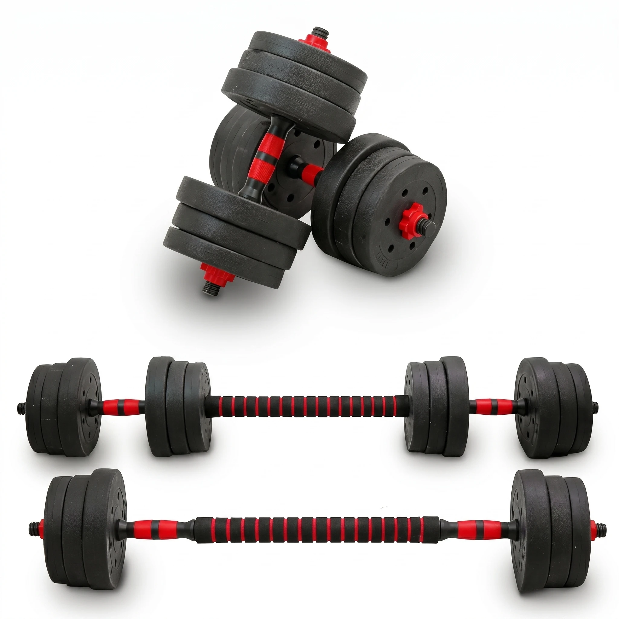 2-in-1-Hanteln, Hantelset mit Verbindungsstahlrohr, 15 kg, 30 kg, schwarz getönt, verstellbar, geeignet für Balkon, Wohnzimmer, Fitnessstudio, Ausrüstung für Frauen und Männer.