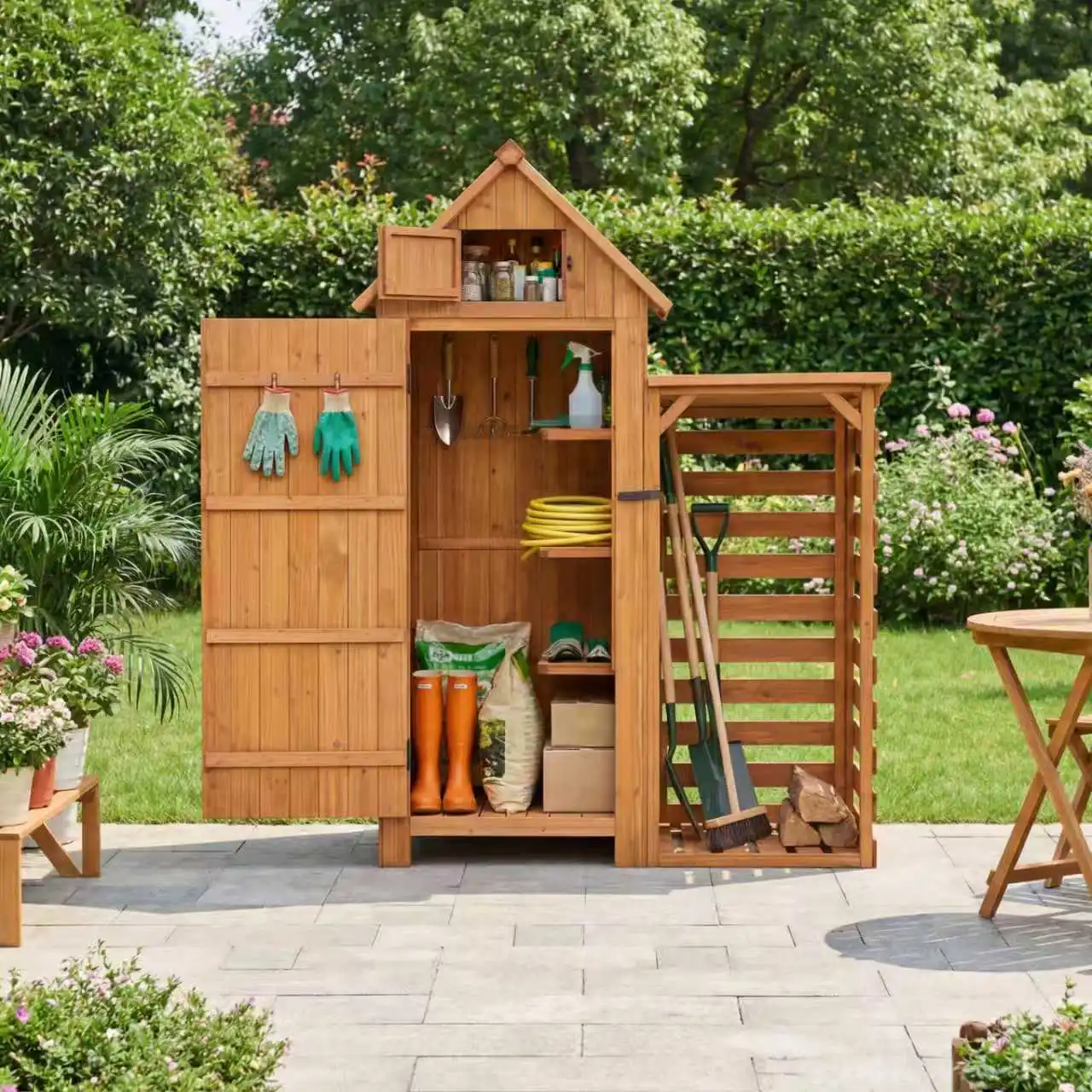 HOMAVO Abri de Jardin en Bois avec Range Bûche, Toit en Appentis Protégé UV, 131 × 54.3 × 179 cm, Cabane de Jardin Pour Jardin, Terrasse, Arrière-Cour, Pelouse