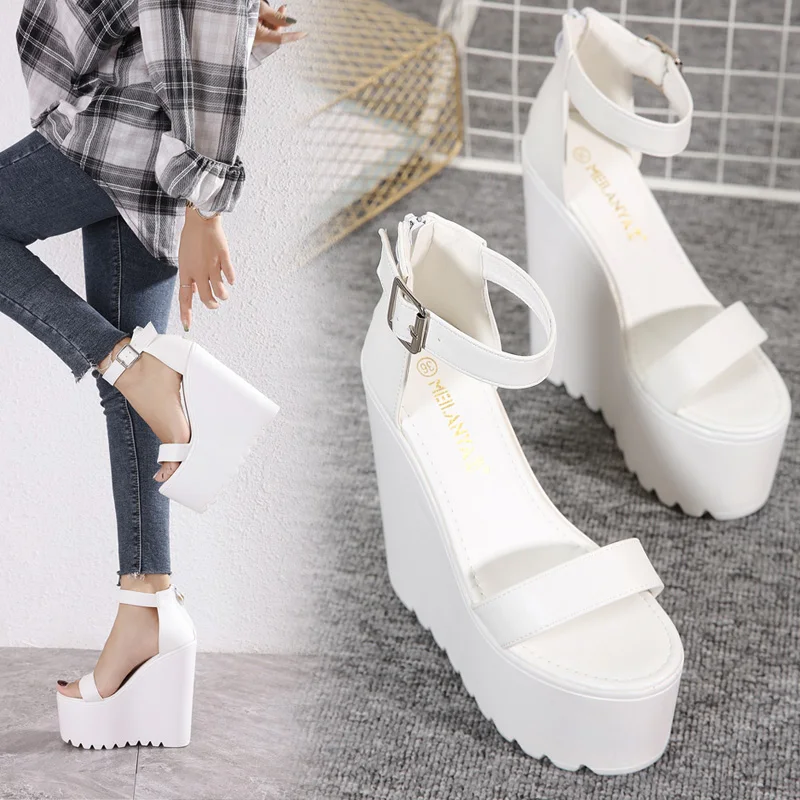 16cm Weiße Keilabsatz-Sandalen, Neue Sommer-Plateauschuhe, Sexy T-Stage Nachtclub Super Hohe Absätze Damensandalen