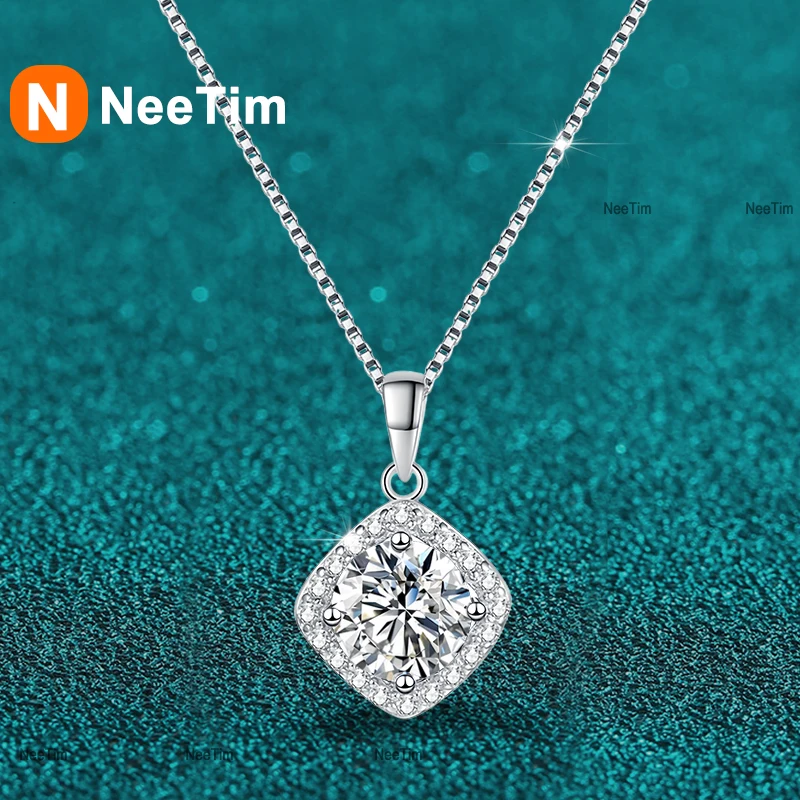 NeeTim1ct D-Farbe VVS1 Moissanit-Halskette für Damen Funkelnder Labor-Edelstein-Anhänger S925 Sterling Silber Kastenkette Halsketten Schmuck Image