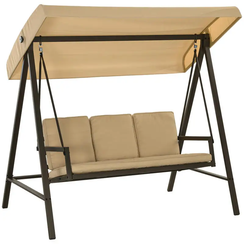 Hollywoodschaukel Gartenschaukel Schaukelbank, verstellbares Sonnendach, 200 cm x 125 cm x 175 cm, Beige + Braun Image