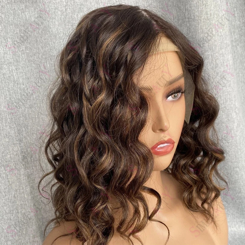 Deep Wave Kurze Bob-Perücken für Damen, Echthaar, Braun mit Honigblonden Highlights, 13x4/13x6 Lace Front Perücken, Brasilianisches Remy 360 Lace Perücken Image