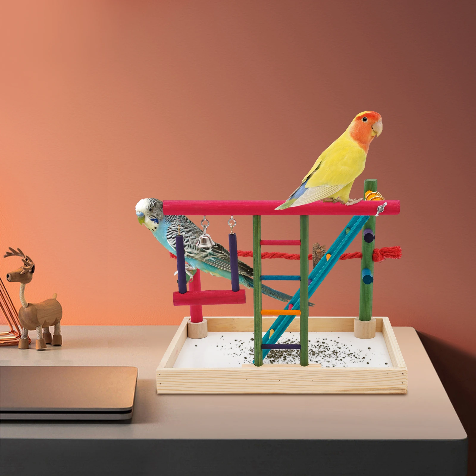 Bunter Papageien-Schaukelständer aus Massivholz, hängendes Vogelspielzeug, natürlicher, kaubeständiger Holzrahmen, langlebiges, stabiles Design, interaktives Spielzubehör für Sittiche, Image