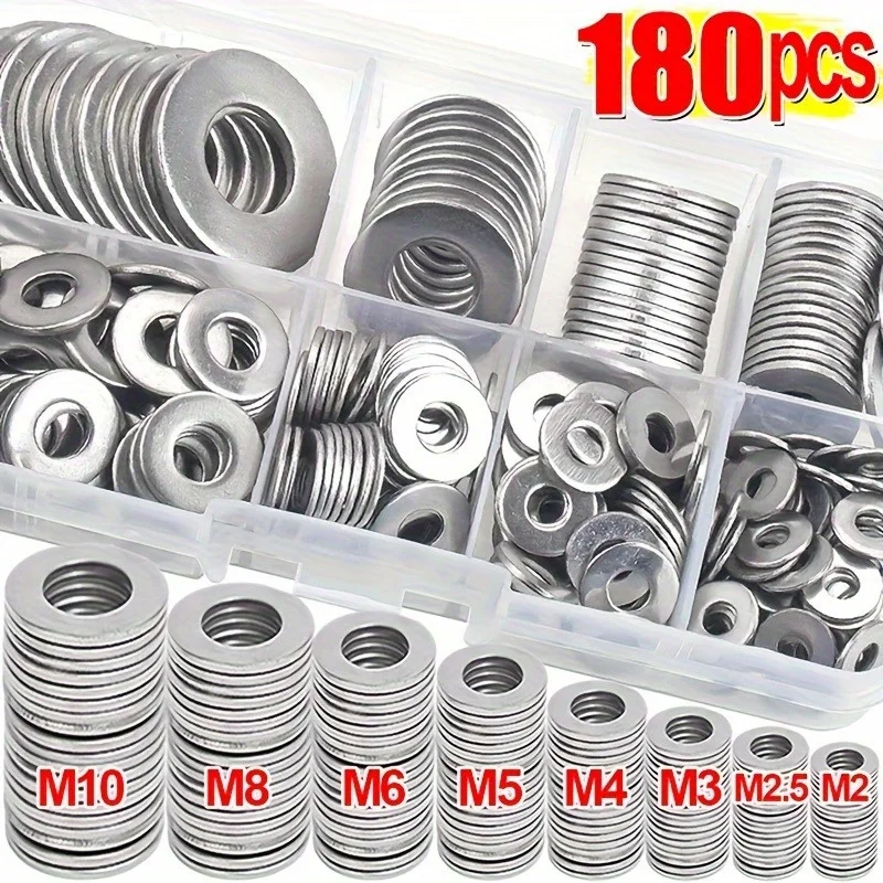 180-teiliges Unterlegscheiben-Set aus Edelstahl, Größe M2-M10, einfach zu installieren, langlebiges Material, ideal für DIY-Projekte/Maschinen Image