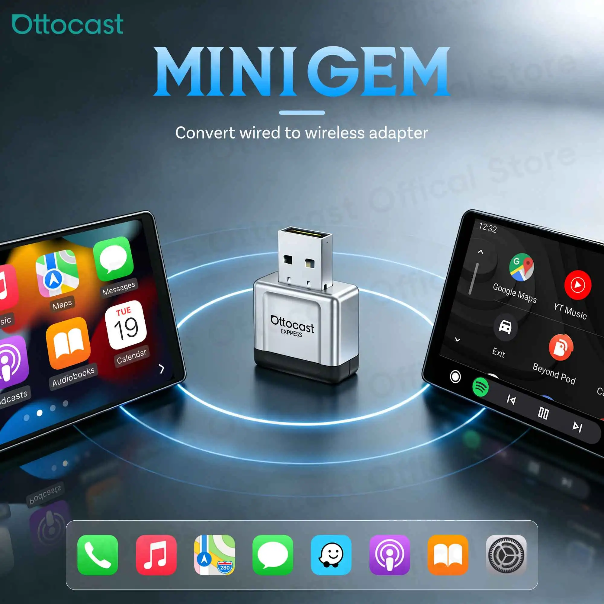 OTTOCAST Express MINI Gem Adapter 3.0 Kabelloser CarPlay Android Auto Dongle WiFi Bluetooth Auto-Zubehör für Ford Toyota VW Kia Image
