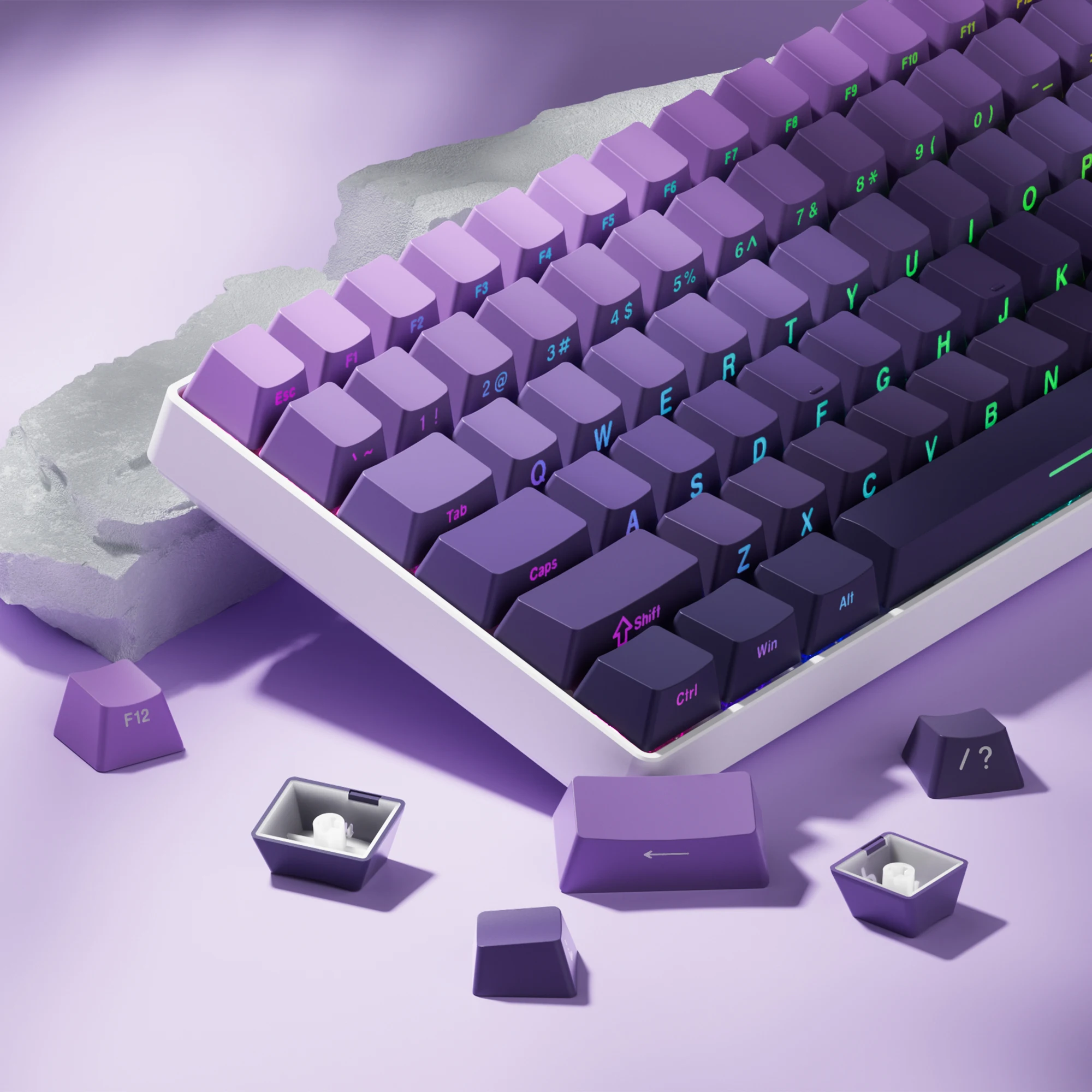 Seitlich bedruckte PBT-Tastenkappen mit 136 Tasten, Farbverlauf, Lila, Double Shot Shine Through-Tastenkappen, OEM-Profil für Gateron MX Switches Keyboard Image